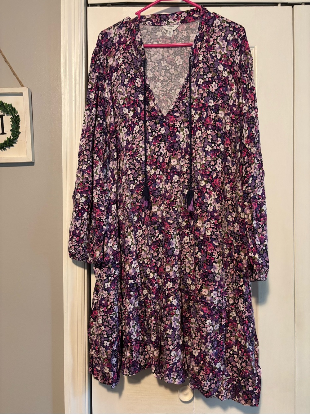 crown & ivy Purple Floral Long Sleeve Tiered Tunic Dress